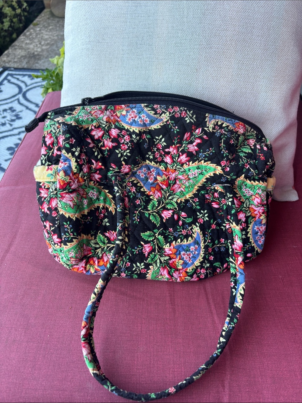 Floral Quilted Shoulder Bag in Black and Green. Tag says Darling Designs